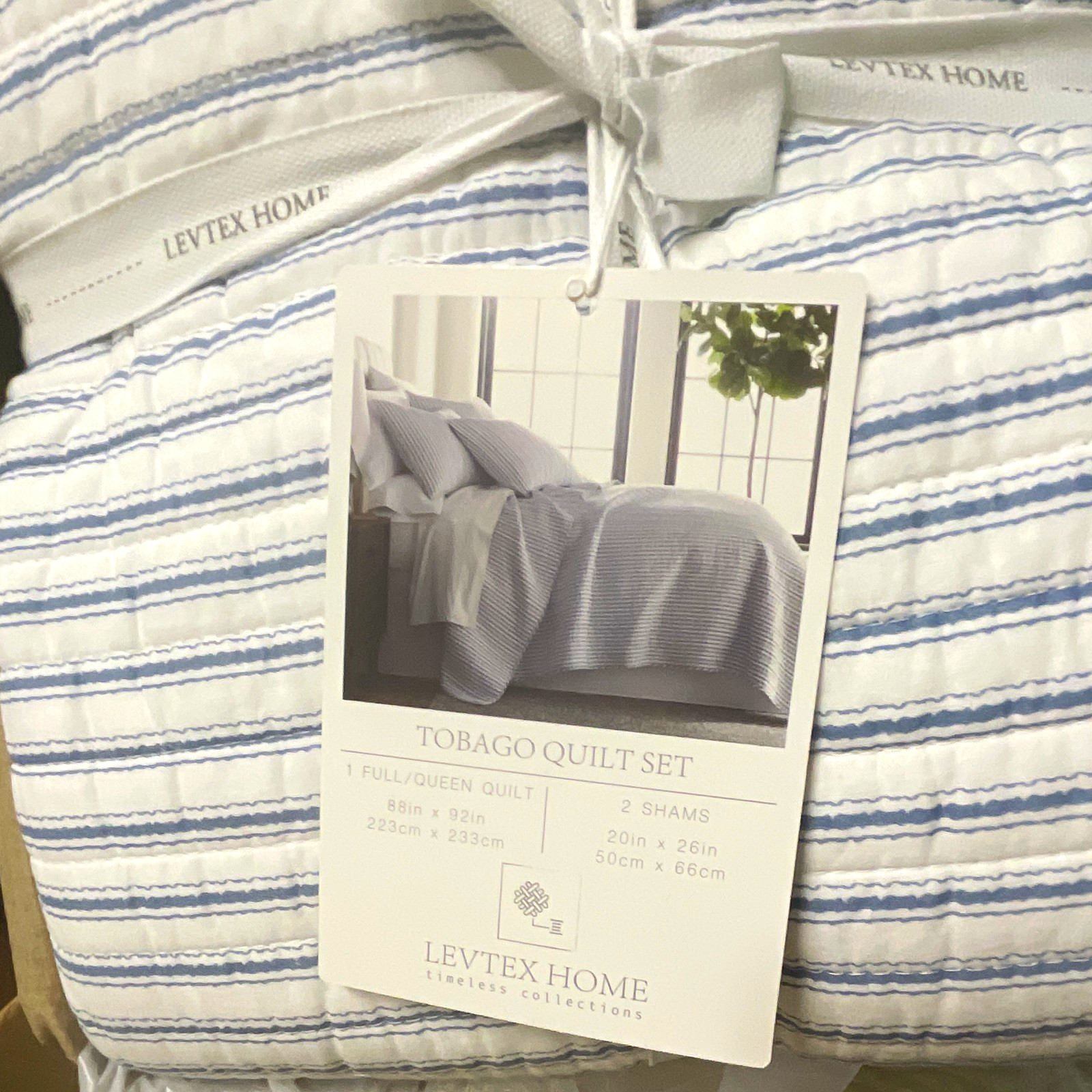 Levtex Home Tobago Full/Queen Quilt Set Blue/White Stripe 88x92 w/2 Shams
