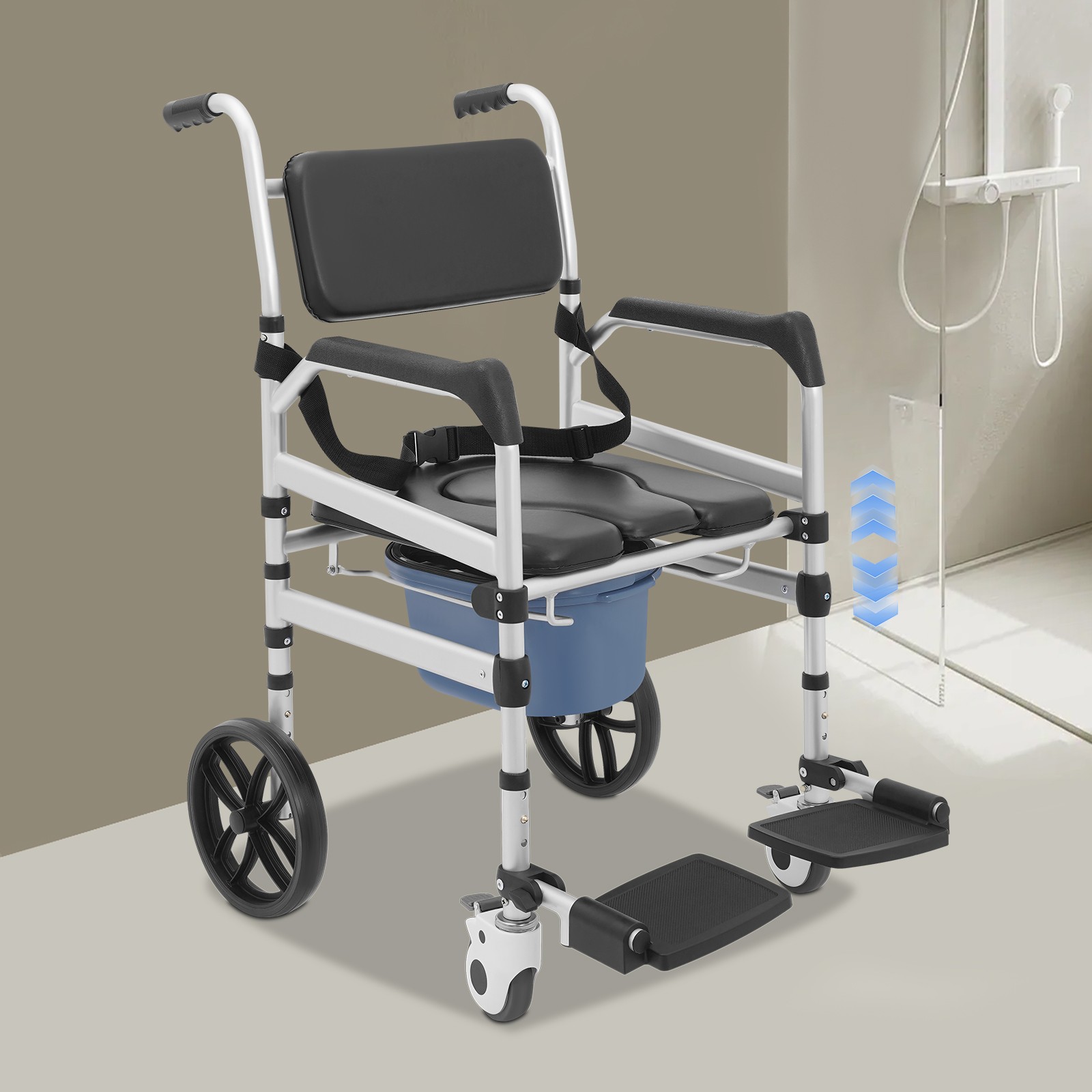 Foldable Shower Chair with Wheels & Toilet Commode 330lbs Rolling Bath Seat