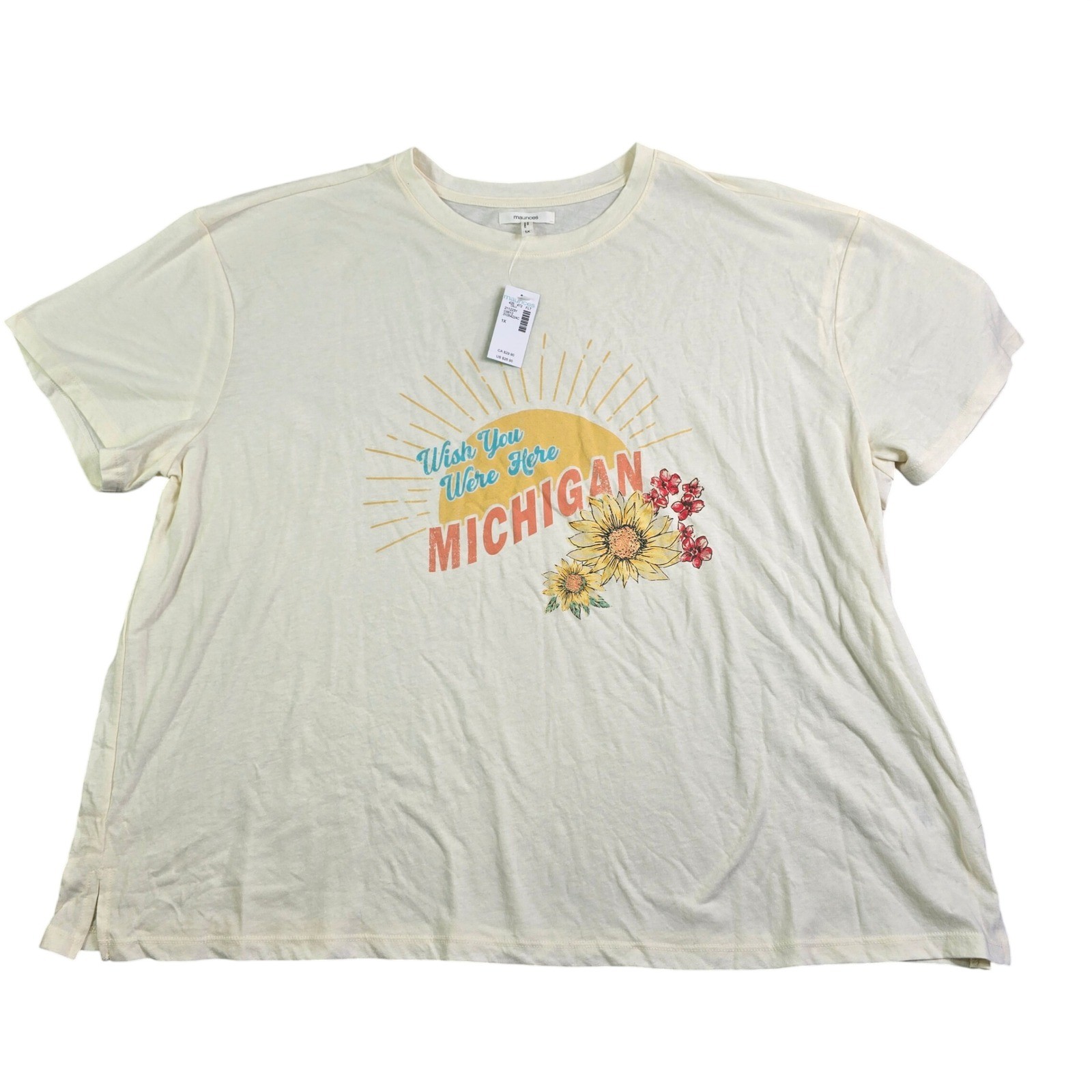 Maurices Graphic Tee Women 1X Cream Wish You Were Here Michigan Sunflower Gift