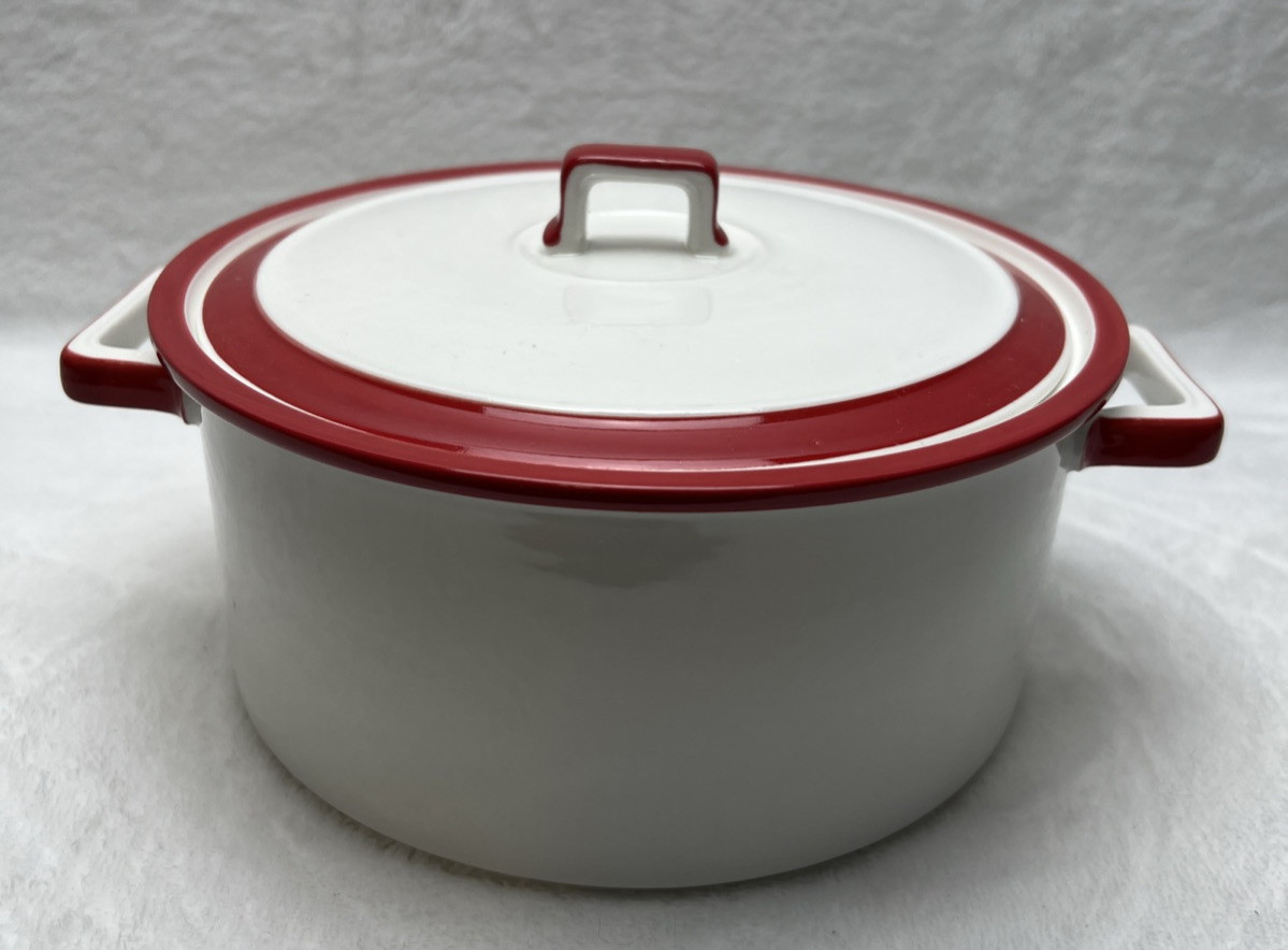 Dutch Oven Chelsea Porcelain Pot Mini Casserole White Red Bands American Atelier