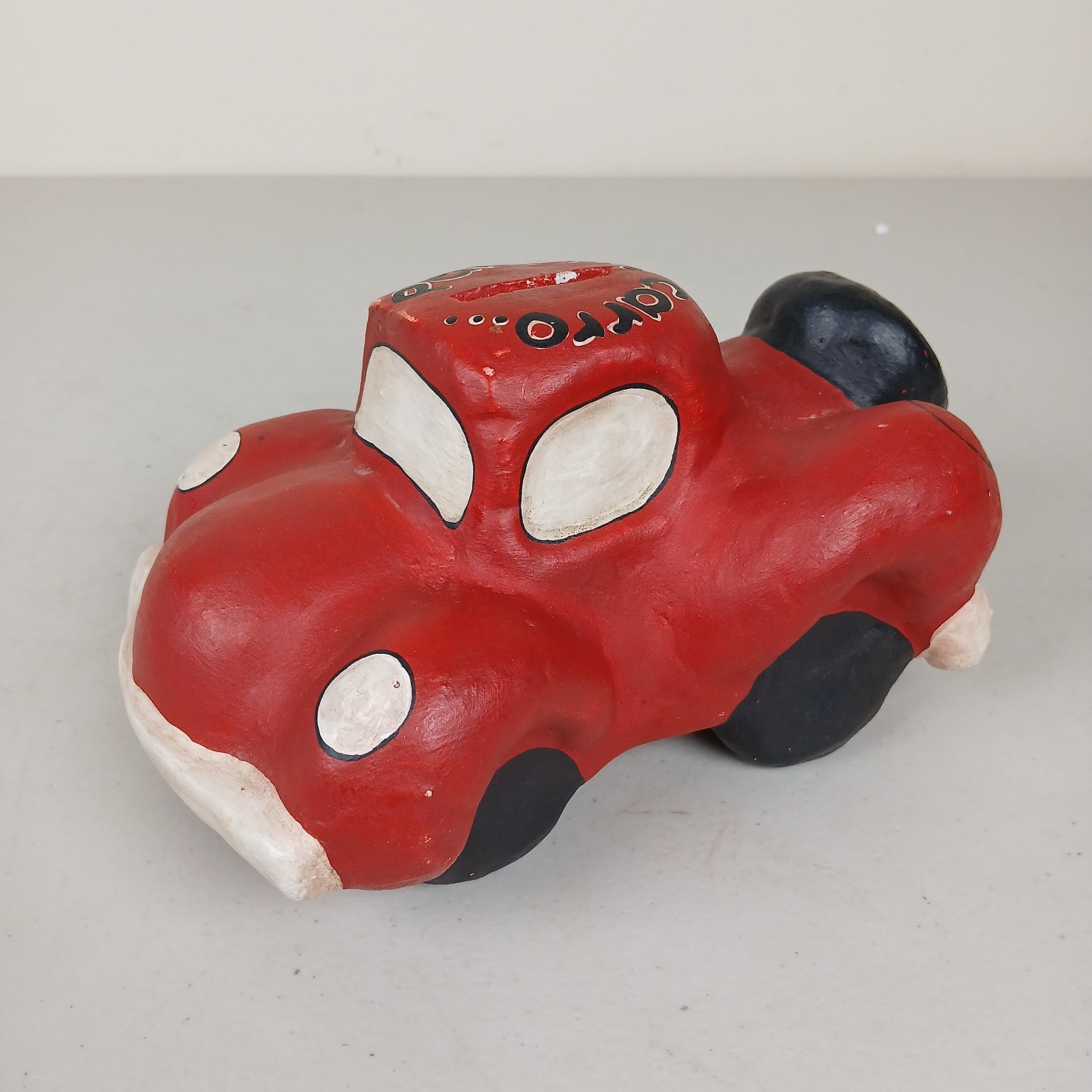 VTG Mexican Folk Art Pottery Coin Bank Car Cartoon Para Mi Carro Red Handmade