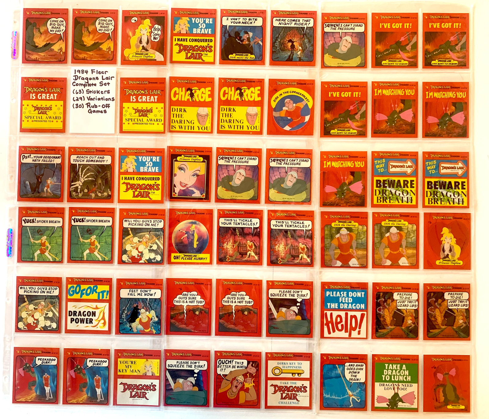 1984 Fleer Dragon's Lair Set 63 Stickers + 29 Variations 92 Total + 30 Rub-Off G