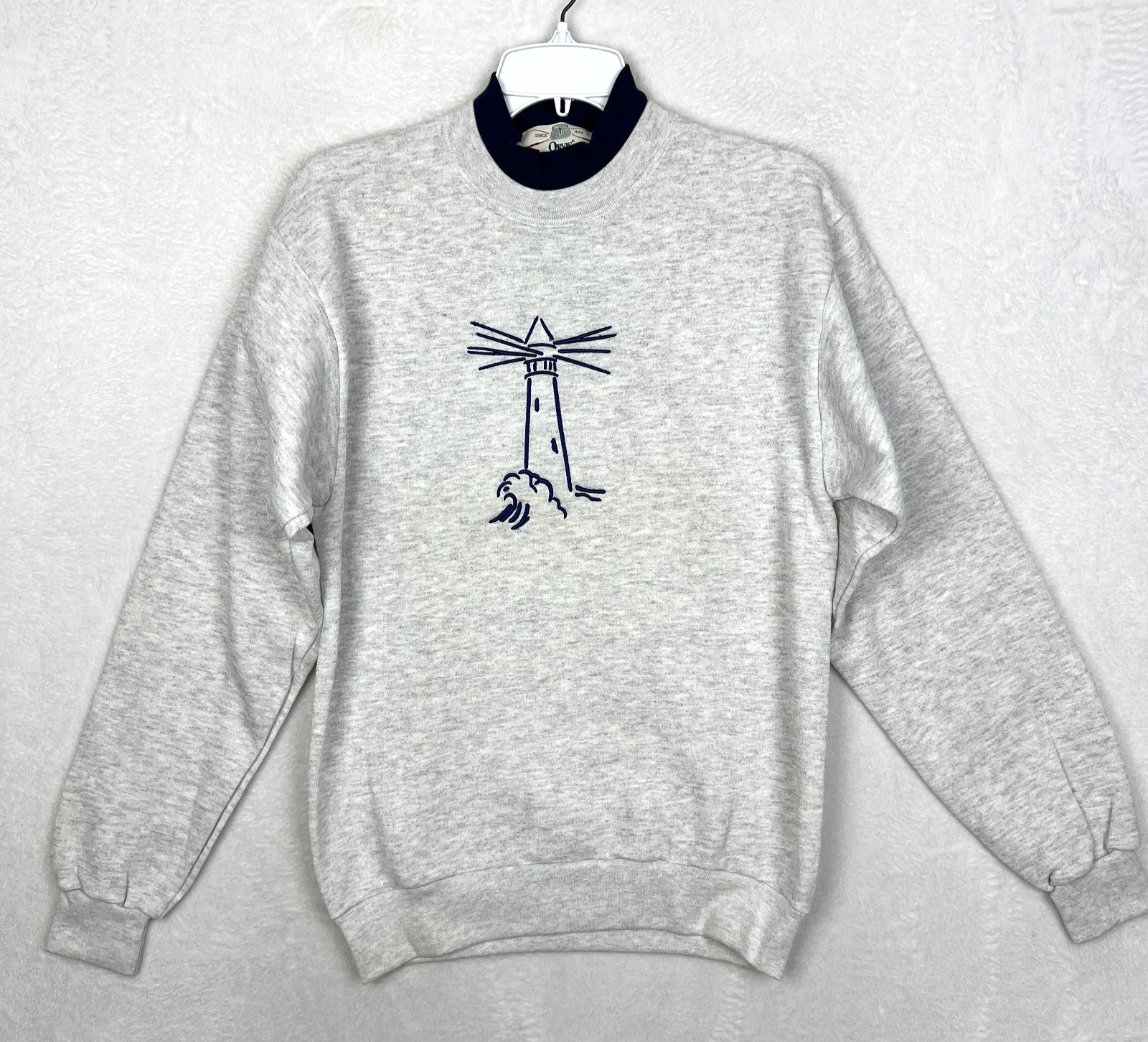 Vintage Orvis Sweater Mens Small Gray Made In USA Crewneck Blue Lighthouse