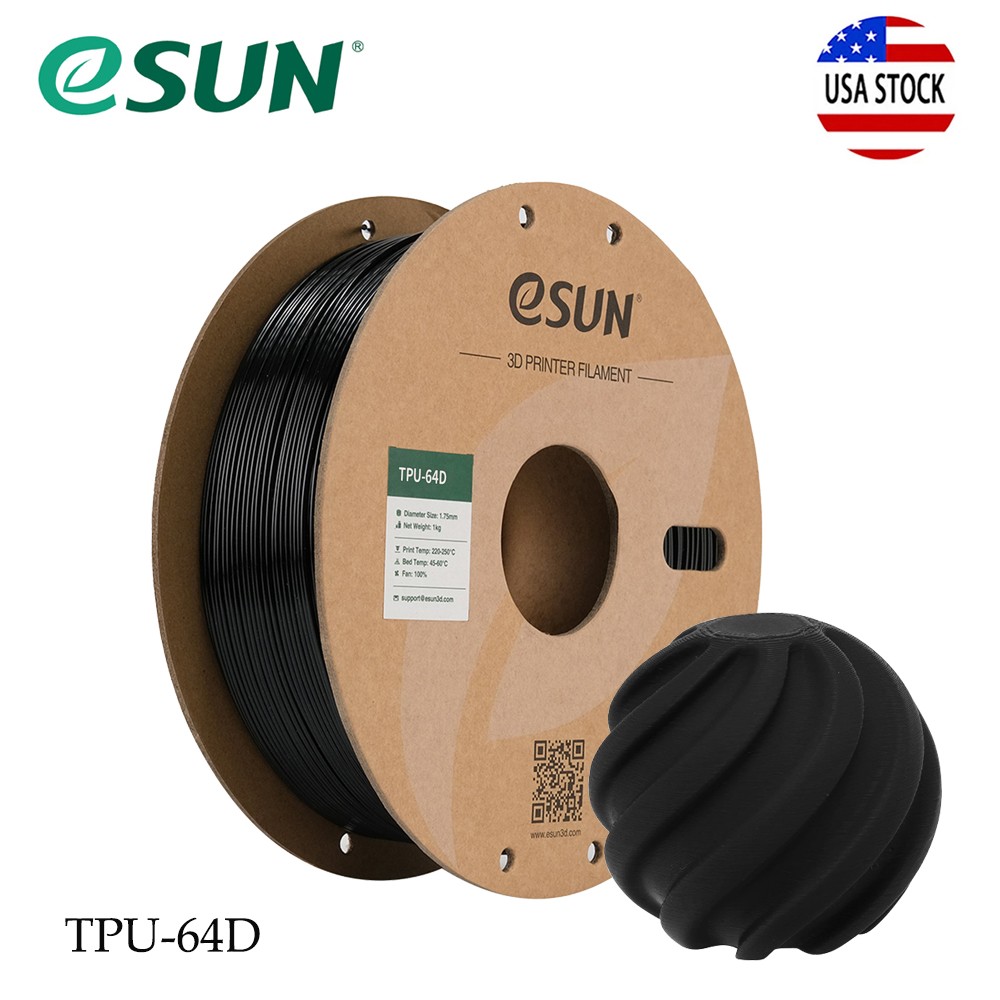 eSUN TPU 64D Filament Flexible TPU 3D Printer Filament 1.75mm 1KG Spool Black US