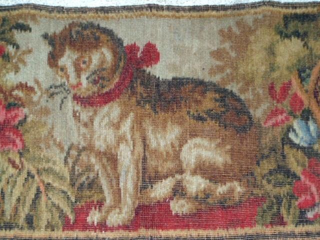 Adorable Antique Folk Art SEATED CAT NEEDLEPOINT Style Rug Textile, FRANCE