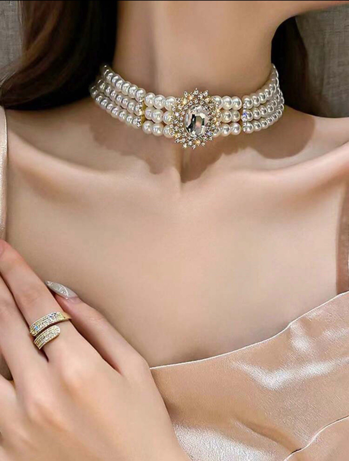 White Pearl Choker Necklace Three Layered Rhinestone Pendant Collar Statement