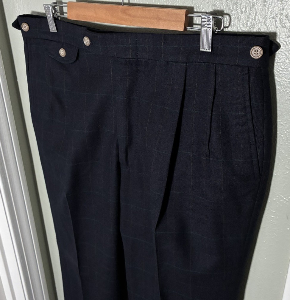 Vintage Berle Pants Flannel Wool 36x32 Blue Plaid Side Adjuster Pleated USA Made