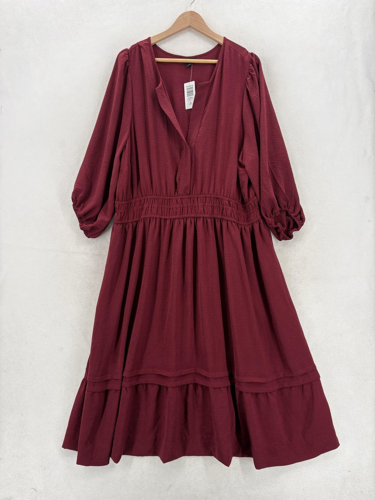 Torrid Shirt Dress Womens 3X Burgundy Smocked Tiered Ruffle Long Sleeve Midi NWT