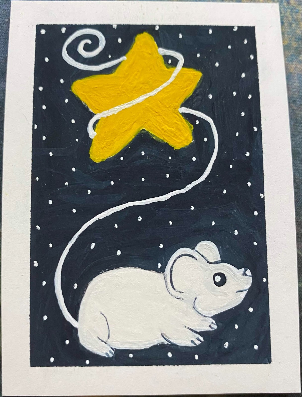 ACEO Original Mouse Mice Space Stars Miniature Painting Art Cute OneCraftyLady