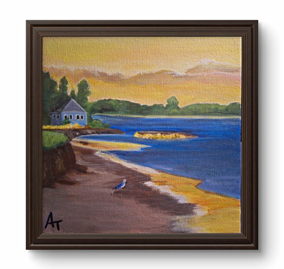 Impressionist Seascape Coast Beach House Birds Original 8x8 Panel Signed AT