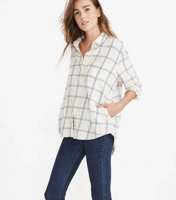 Madewell Sunday Flannel Button Up Shirt Small Blue Windowpane Oversized Pockets