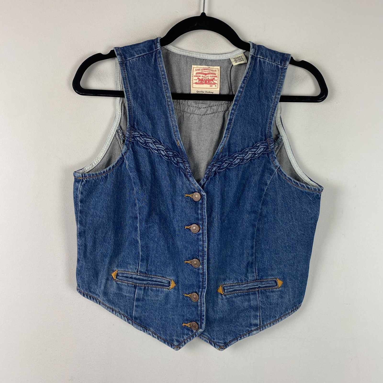 Levi\'s Braided Denim Vest Womens Size Small Blue Western Retro Cowgirl