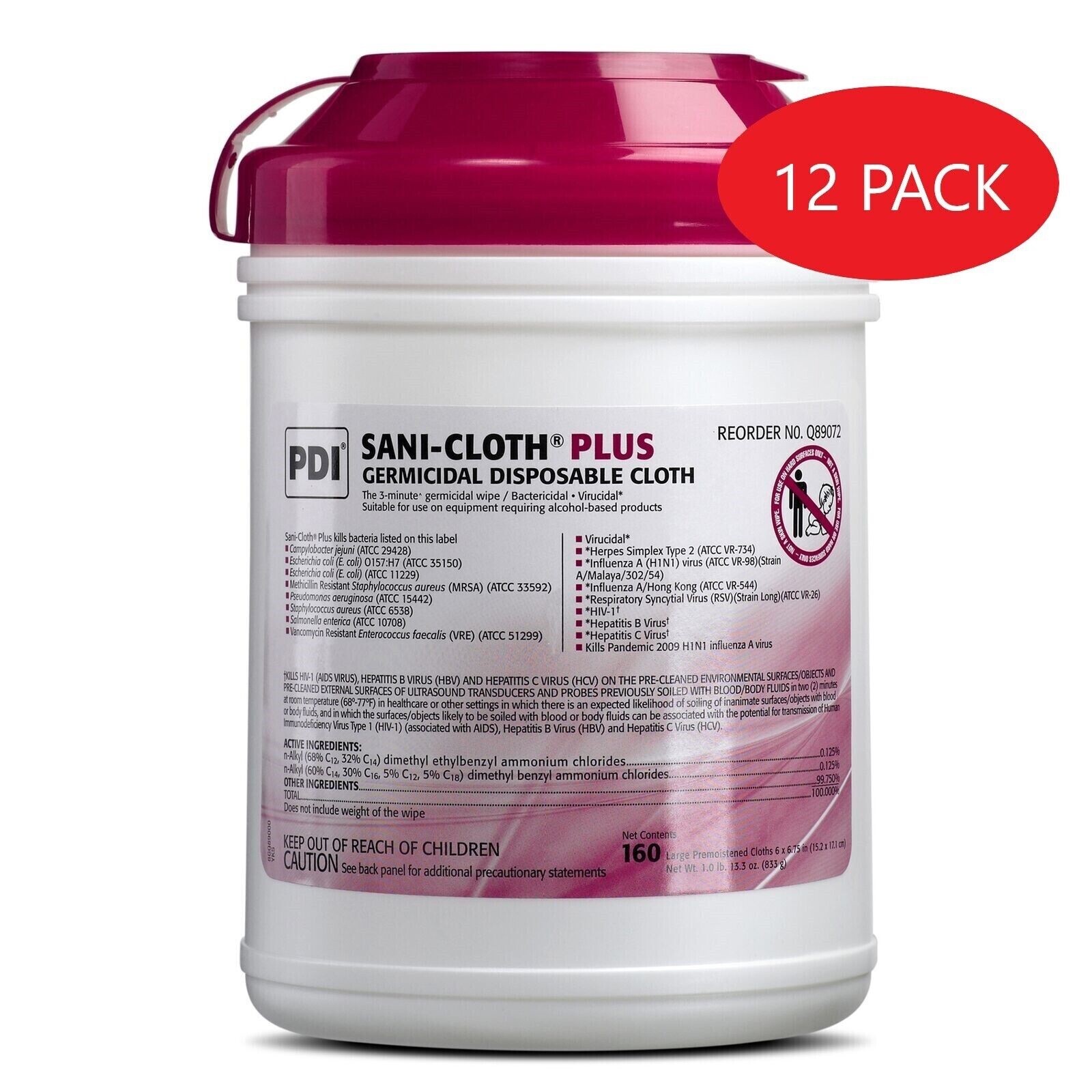 12 Pack Sani-Cloth Plus Germicidal Surface Disinfectant Wipes 160 Wipes per Pack