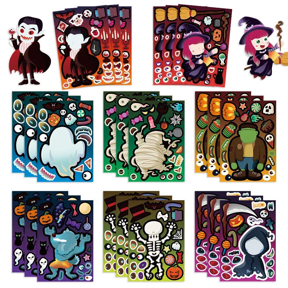 8Sheets Cartoon Halloween Party Puzzle Stickers Make-A-Face DIY Assembly Childre