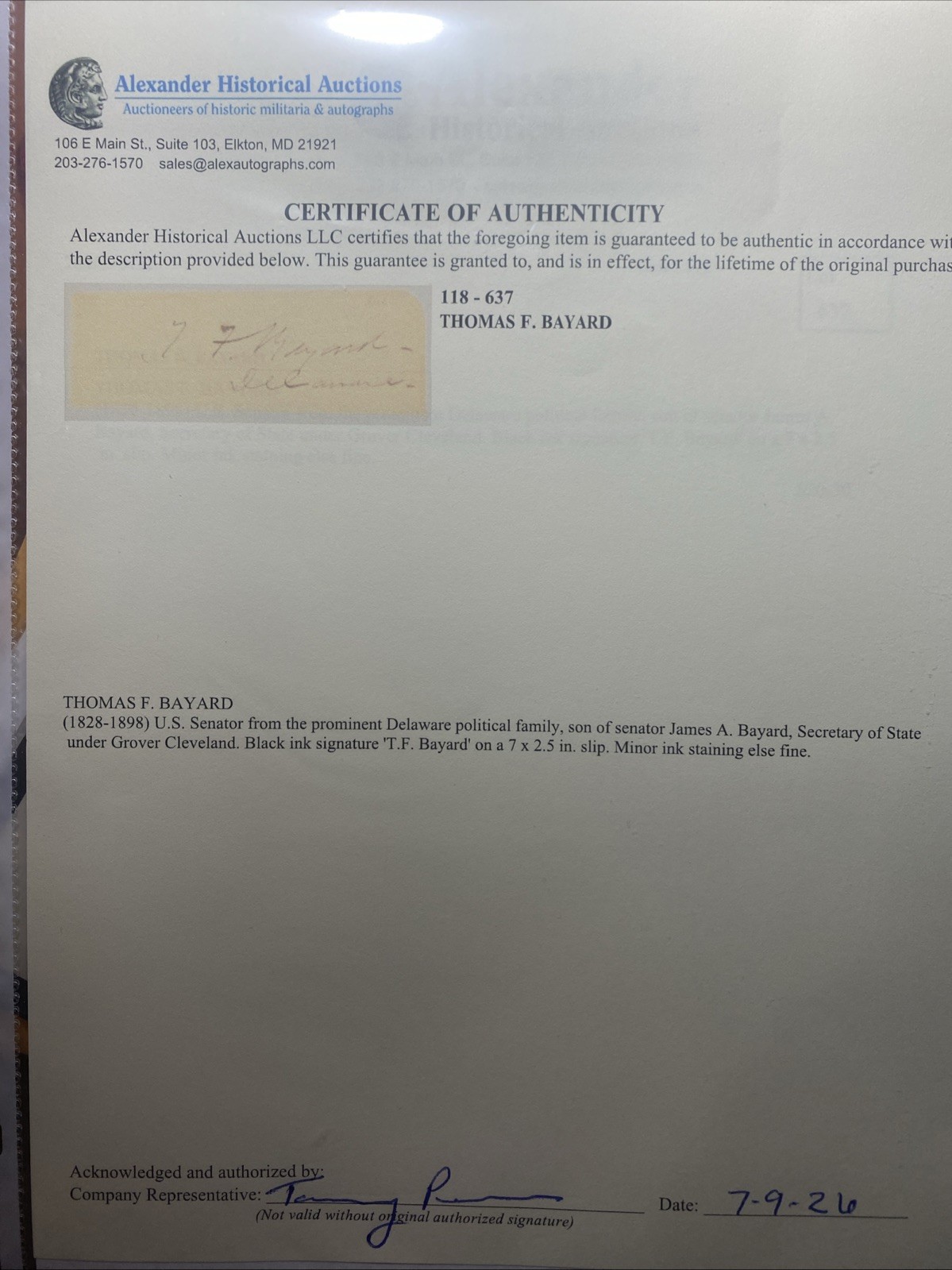 U.S Senator Thomas F. Bayard  Signature 1828-1989 