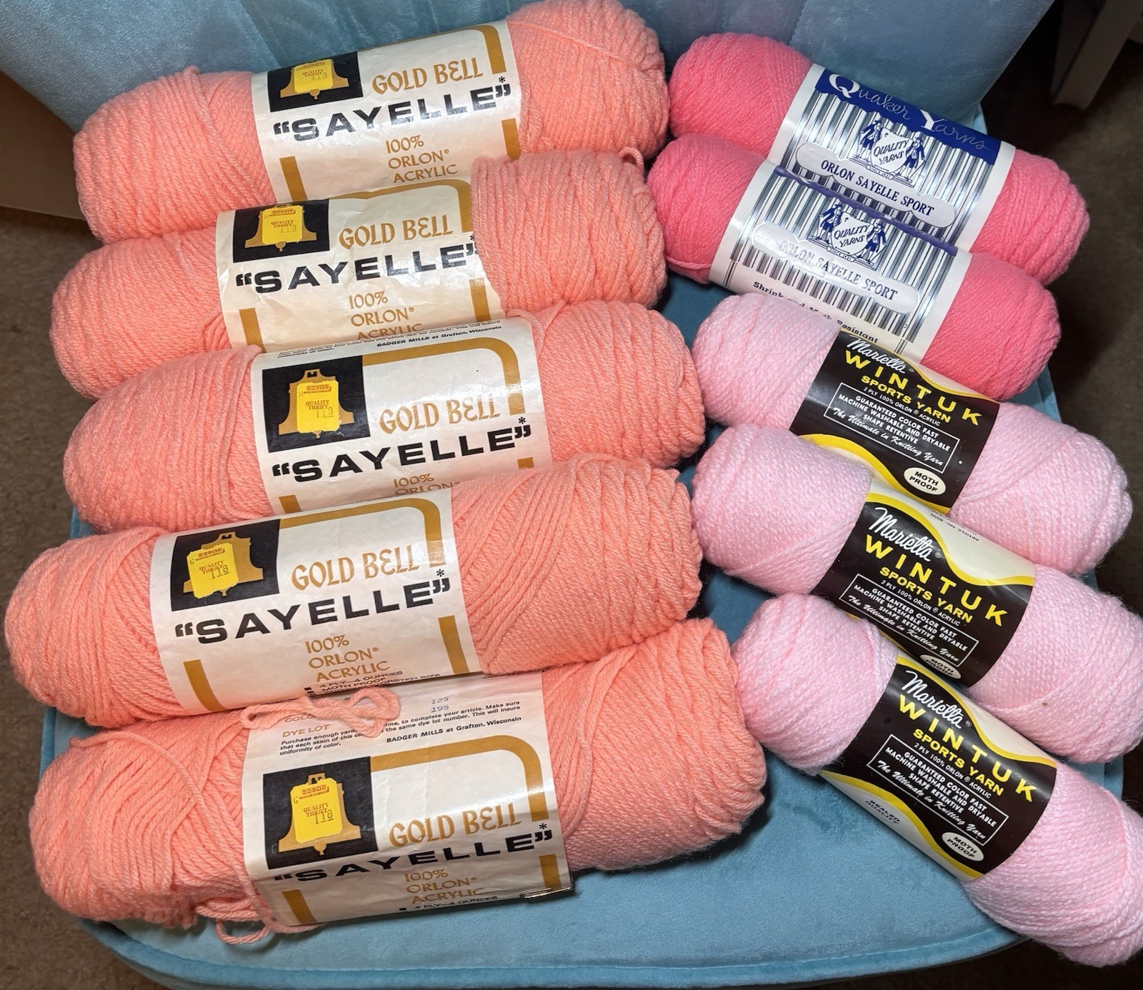 Vintage Yarn Lot Sayelle Wintuk Orlon Acrylic Pink Peach Coral 10 Skeins Retro