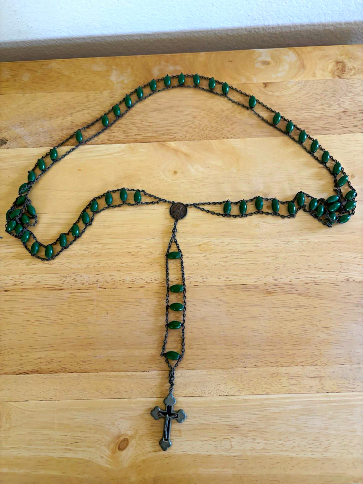 Vintage Catholic Rosary Green Wooden Beads Our Lady of Grace Aged Metal Crucifix