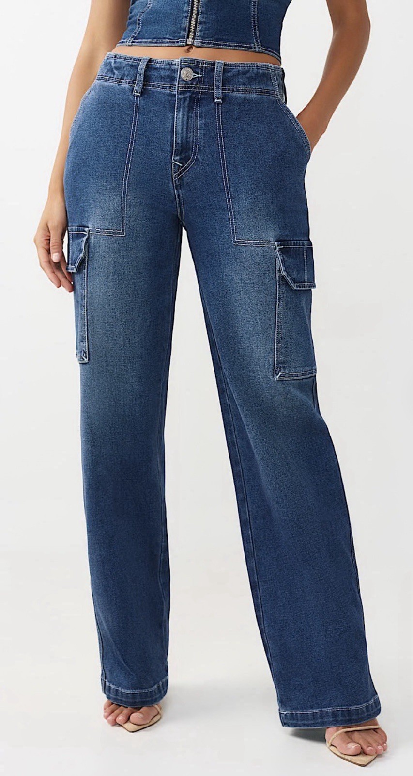 NWT True Religion Womens Denim Cargo Straight Jeans Medium Blaze Wash Sz 30