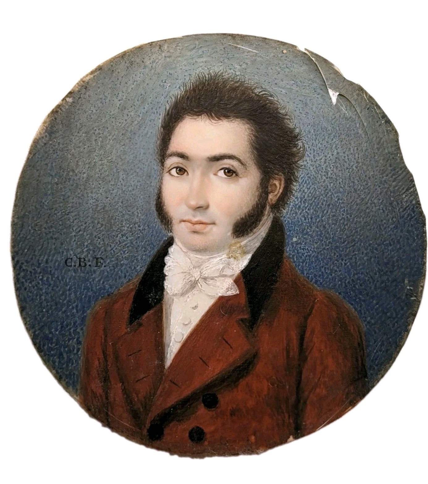Antique 19th C French Portrait Miniature Painting Signed CB Georgian Gentleman 
