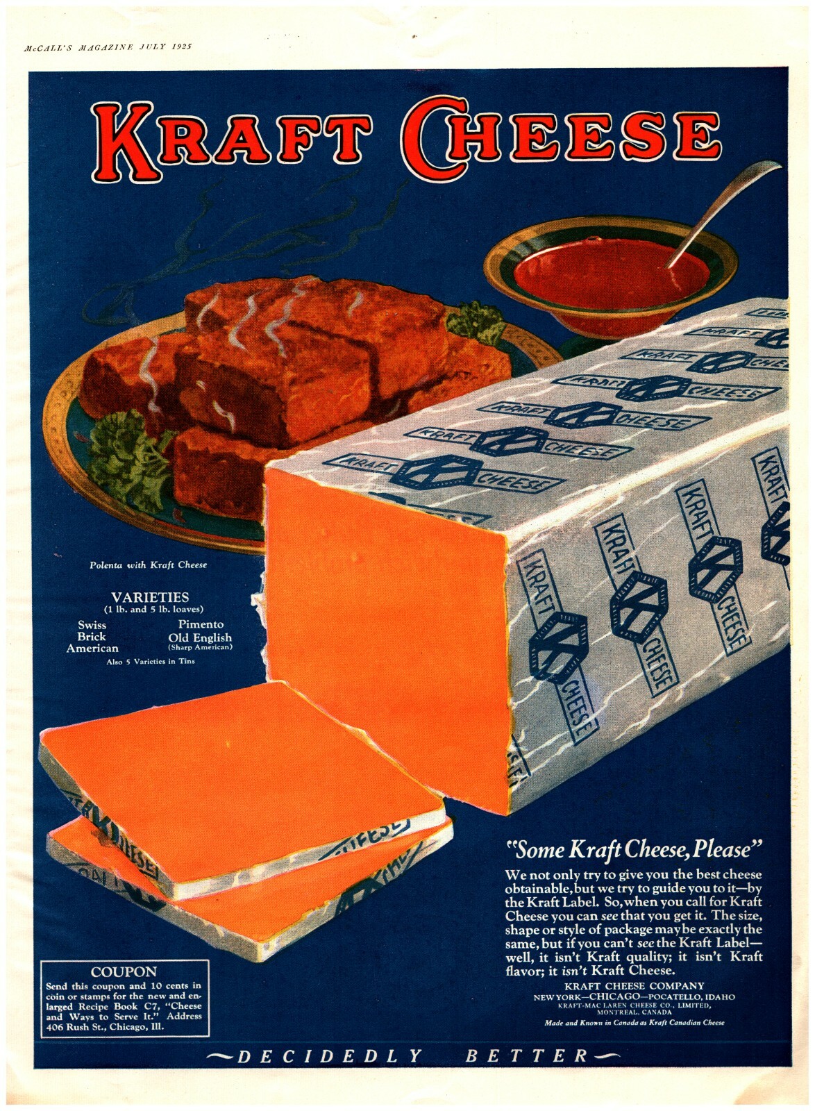 1925 Kraft Cheese Vintage Print Ad Decidedly Better Polenta