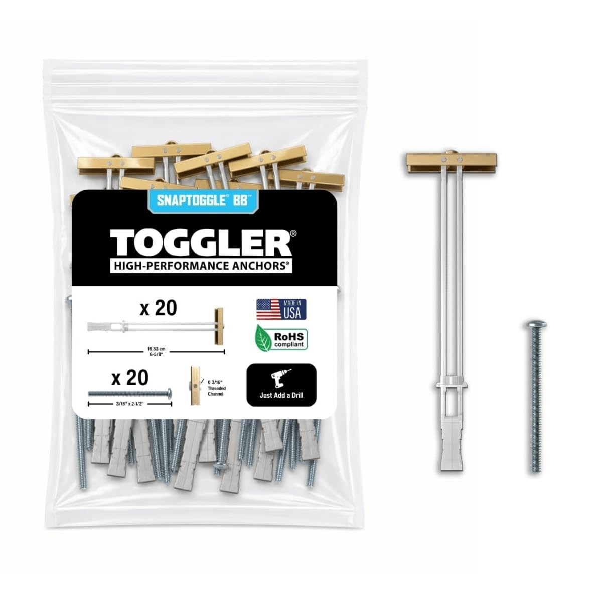 TOGGLER SNAPTOGGLE Drywall Anchors with 1/4-20 Bolts, 20 Pack TOGGLER SNAPTOGGLE Drywall Anchors with 1/4-20 Bolts, 20 Pack