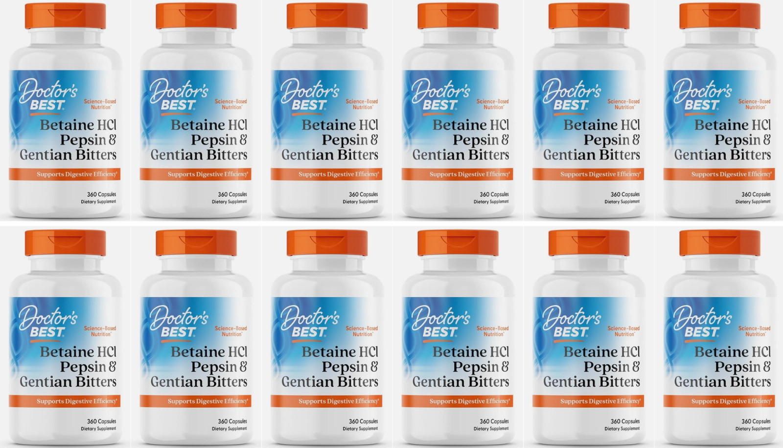 12X Doctor's Best, Betaine HCI Pepsin & Gentian Bitters, 360 Capsule Exp 07/2026