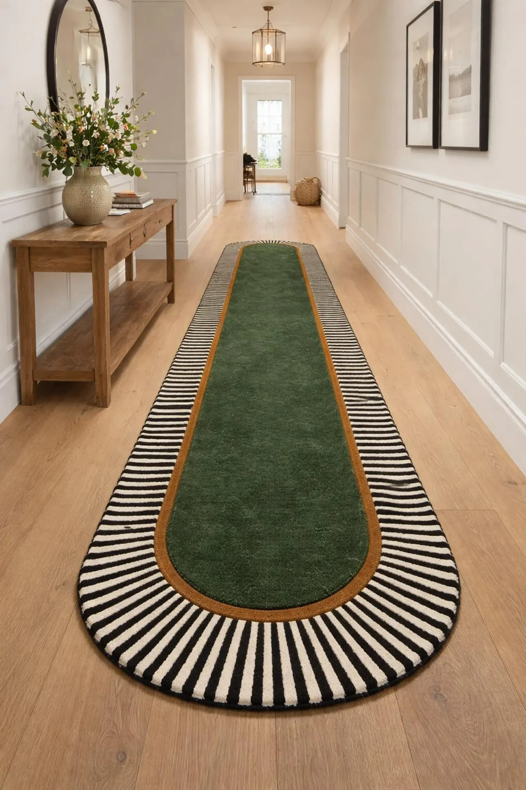 Hand-Tufted Modern Runner Carpet with Green Center & Striped Border