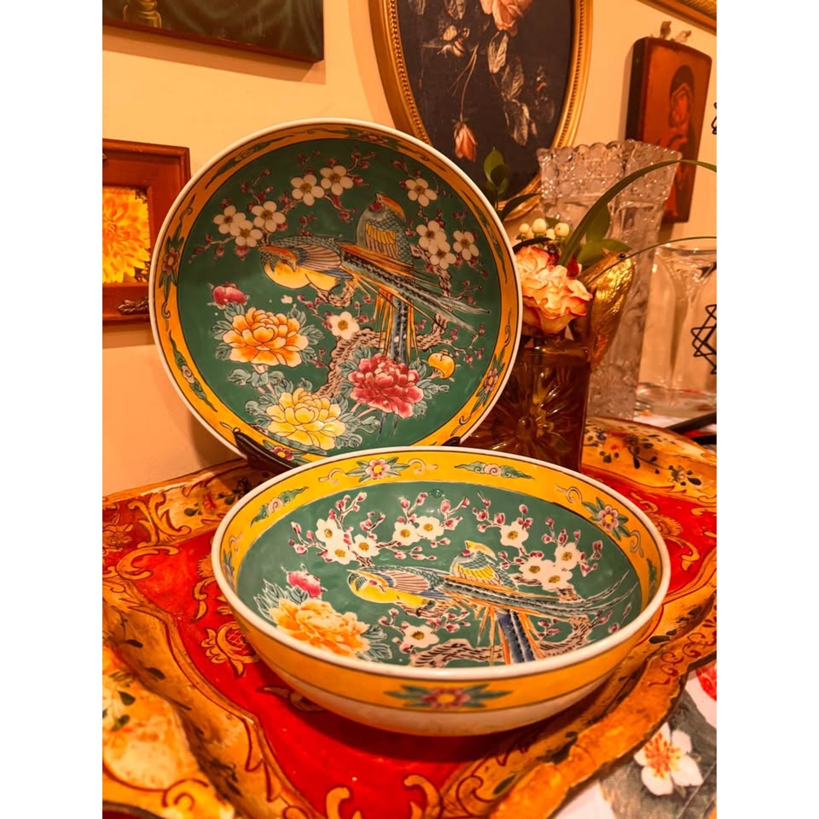 Vintage Japanese Hand Painted Porcelain Bowl Set – Birds, Blossoms & Peonies