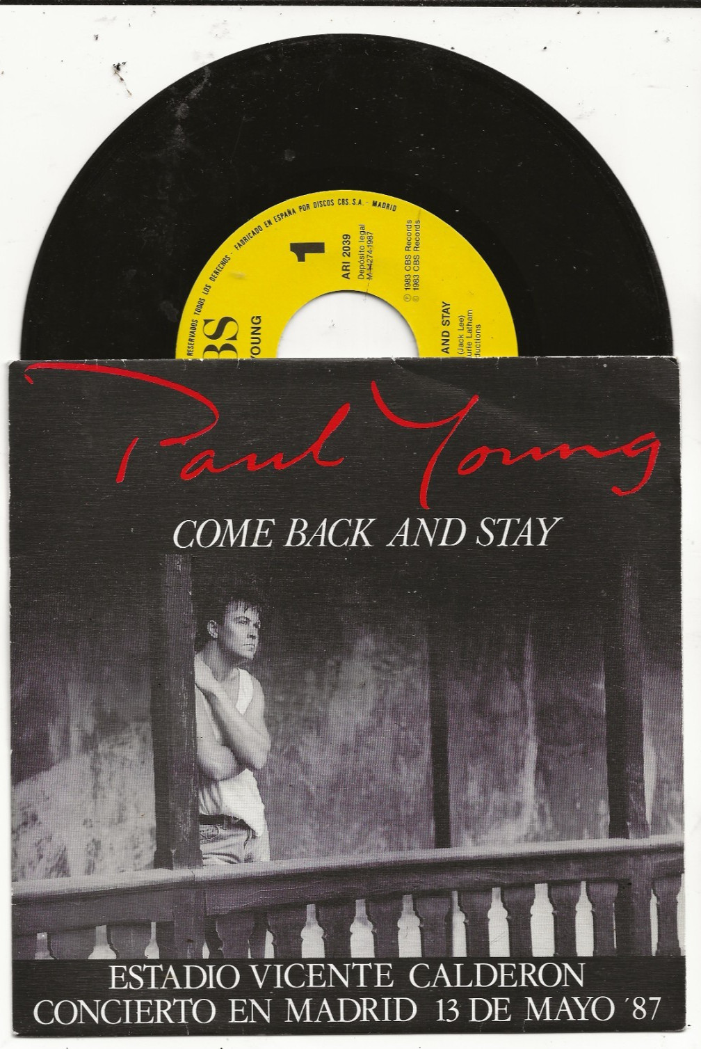 PAUL YOUNG - COME BACK AND STAY 7 INCH SPAIN PROMO, MADRID 1987 CONCERT SOUVENIR