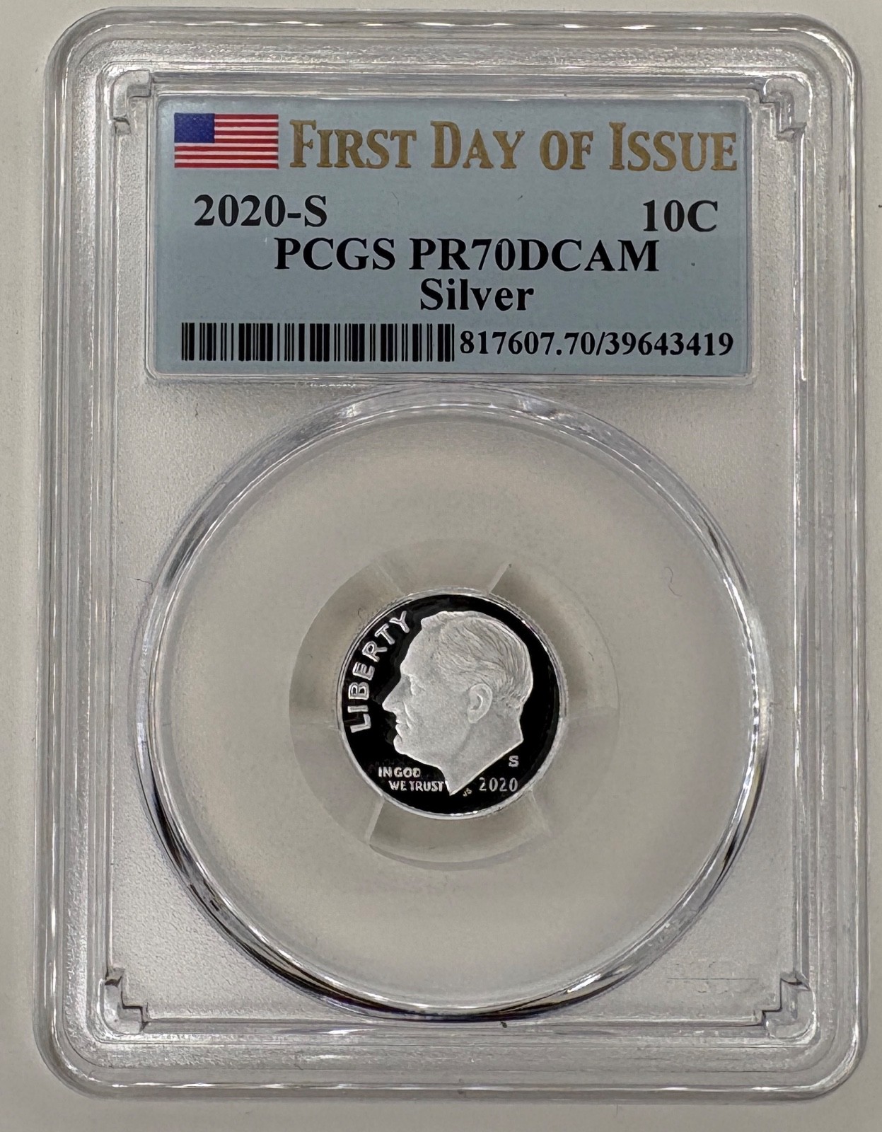 2020 S  Silver PCGS PR70DCAM Roosevelt -First Day of Issue - Flag
