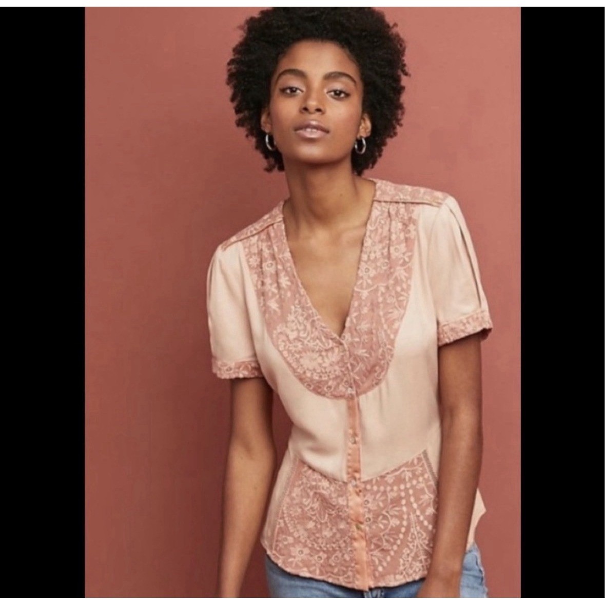 Tiny x Anthropologie Talia Embroidered Blouse Womens M Dusty Rose Floral Lace
