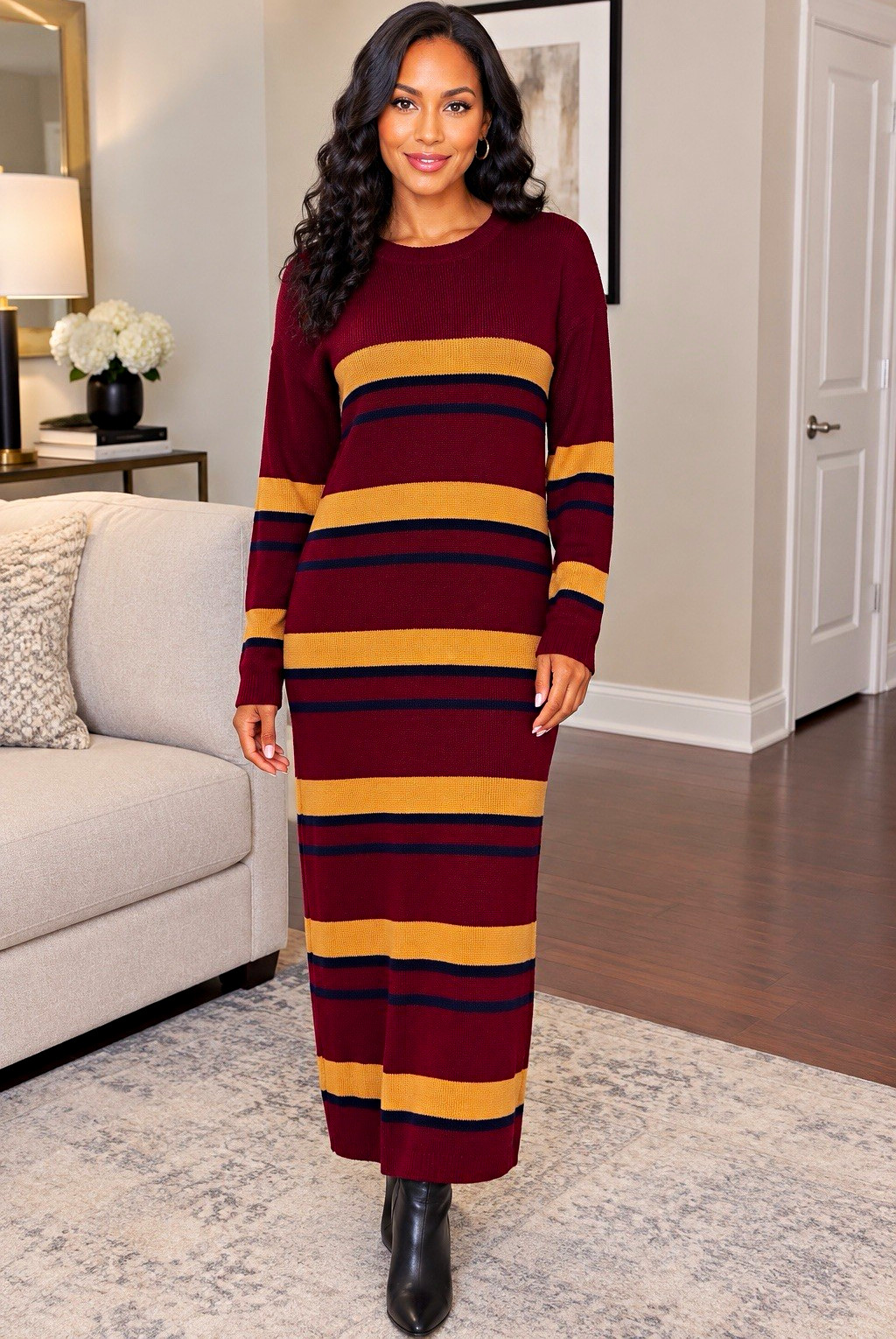 Heartbreak Women\'s Burgundy/Tan/Navy Striped Knit Maxi Sweater Dress XL Ribbed