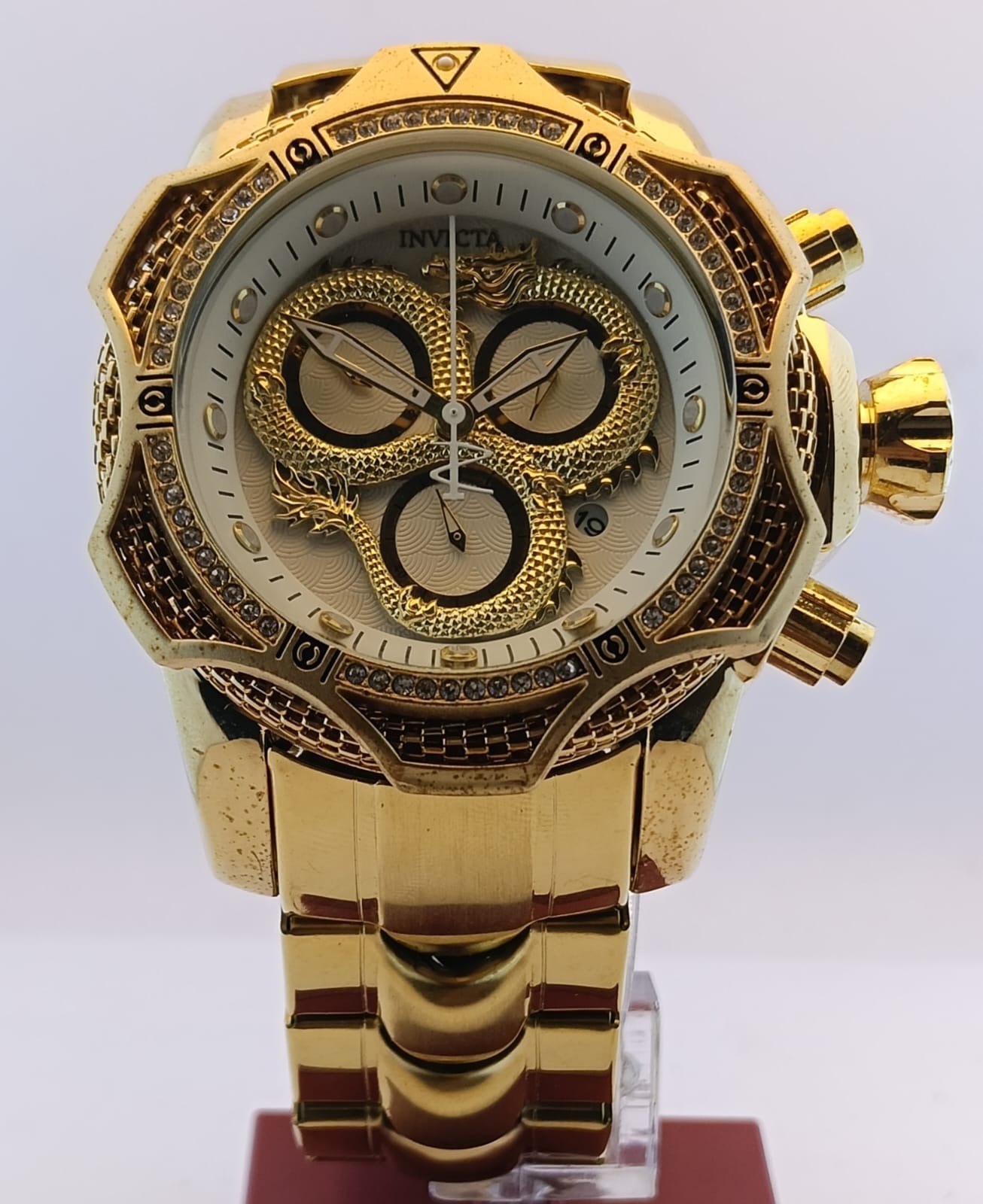 Vintage Invicta 3D dragon White Dial Date chronograph Working Men\'s Wristwatch