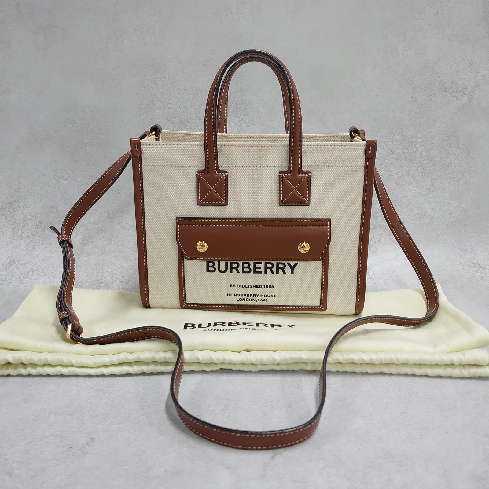 BURBERRY mini freya tote Brown / White 2WAY bag AUTHENTIC