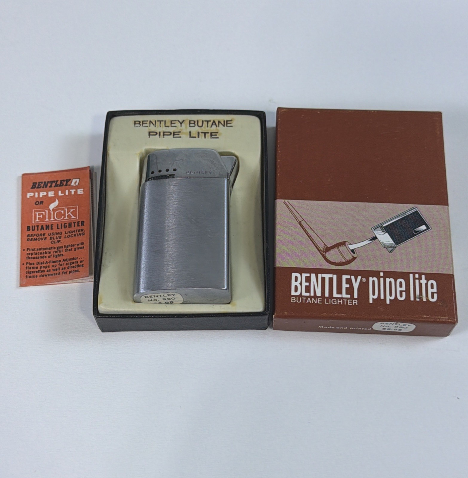 VTG Bentley Butane Lighter Automatic Pipe Lite Silver No. 960 w/ Box NEW NOS WOW