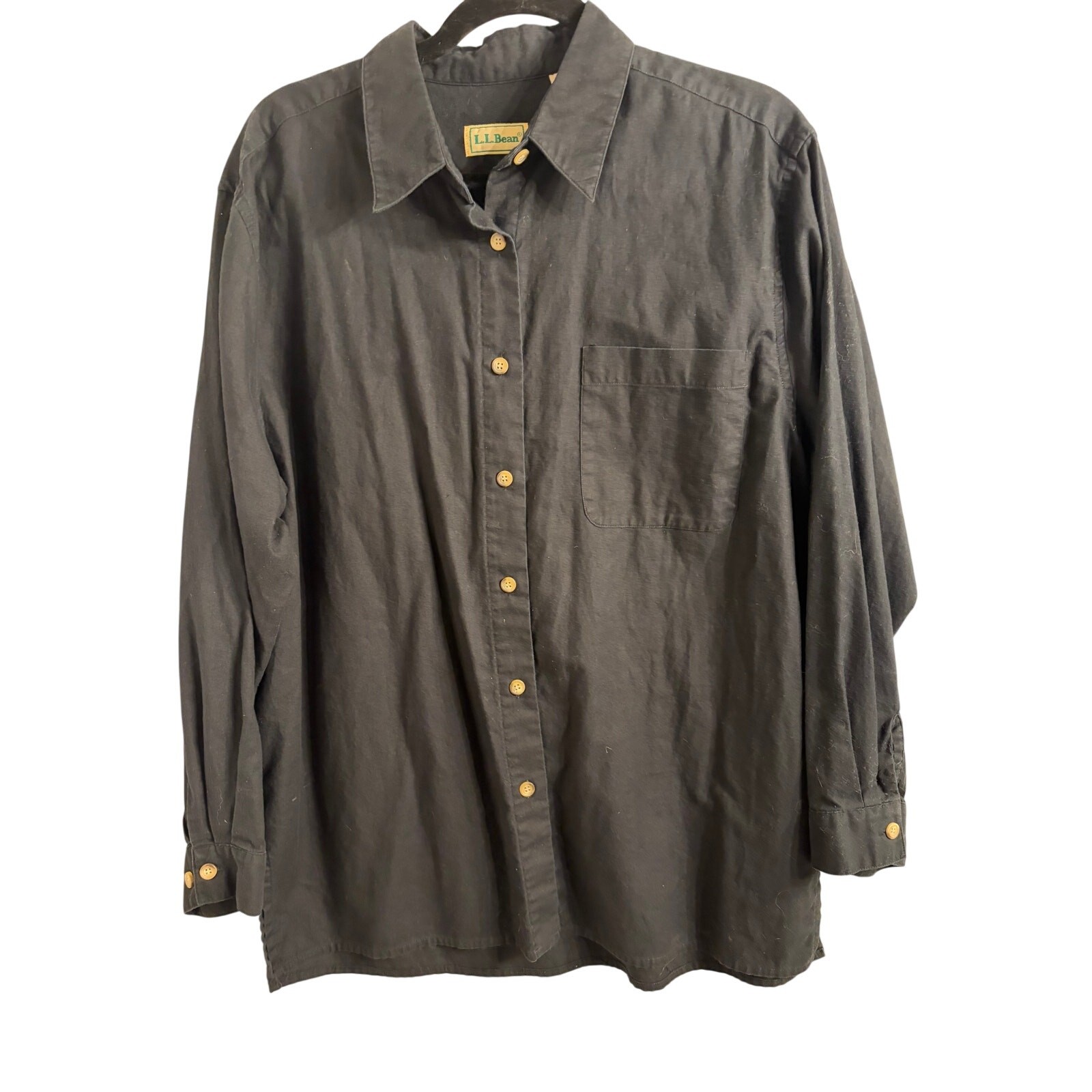 Vintage L.L. Bean Shirt Womens L Black 100% Cotton Hong Kong 90\'s Button Up