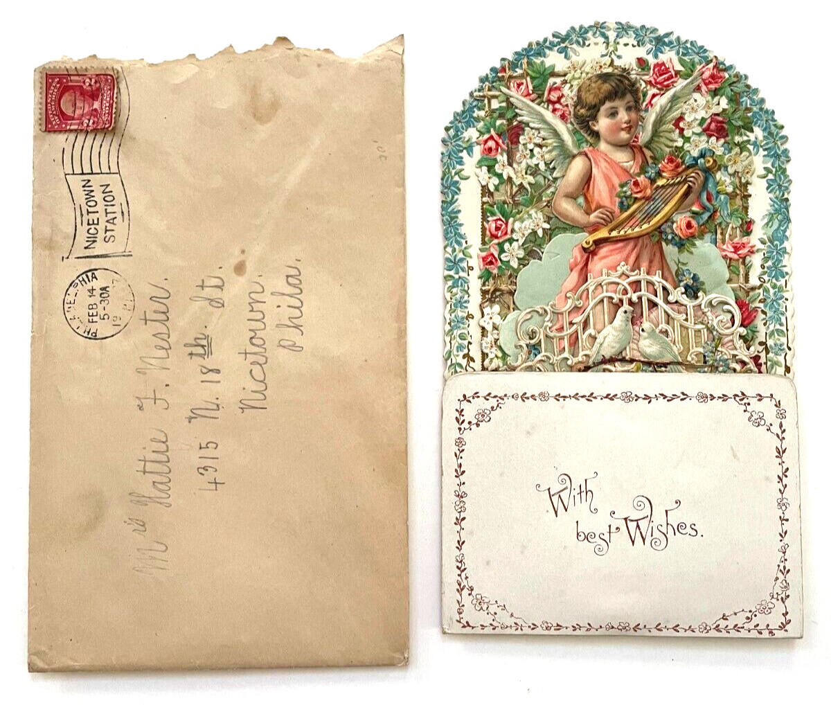 Gorgeous Pull Down 1907 Die Cut Valentine - Stunning Scraps - Needs Some TLC  *