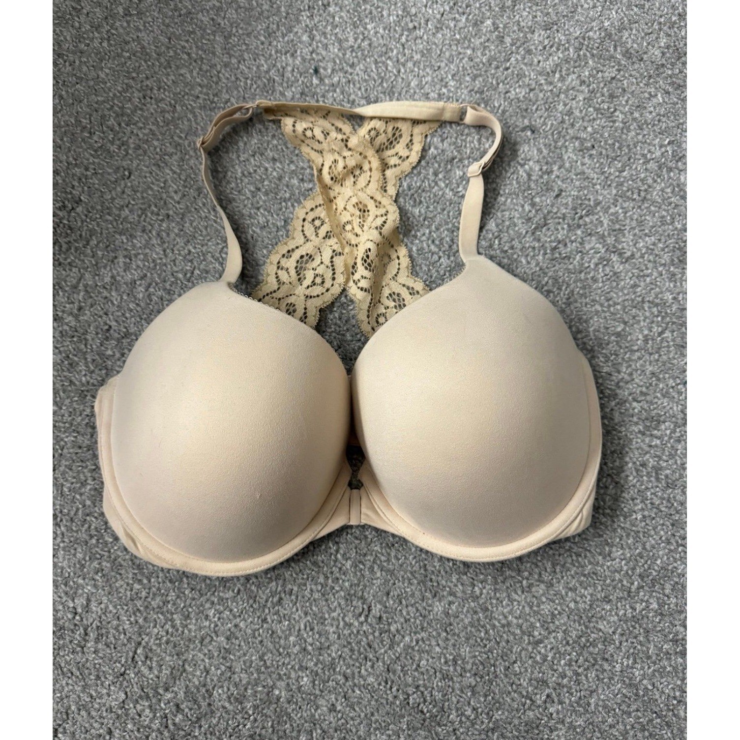 Victoria\'s Secret Perfect Shape Lace Racerback Front Close Bra Beige 34DDD
