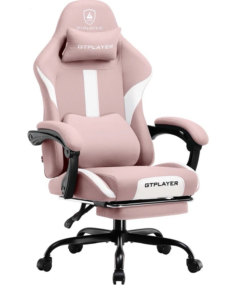 GTPLAYER Pink and White Gaming Chair, Ergonomic with Armrests and Wheels