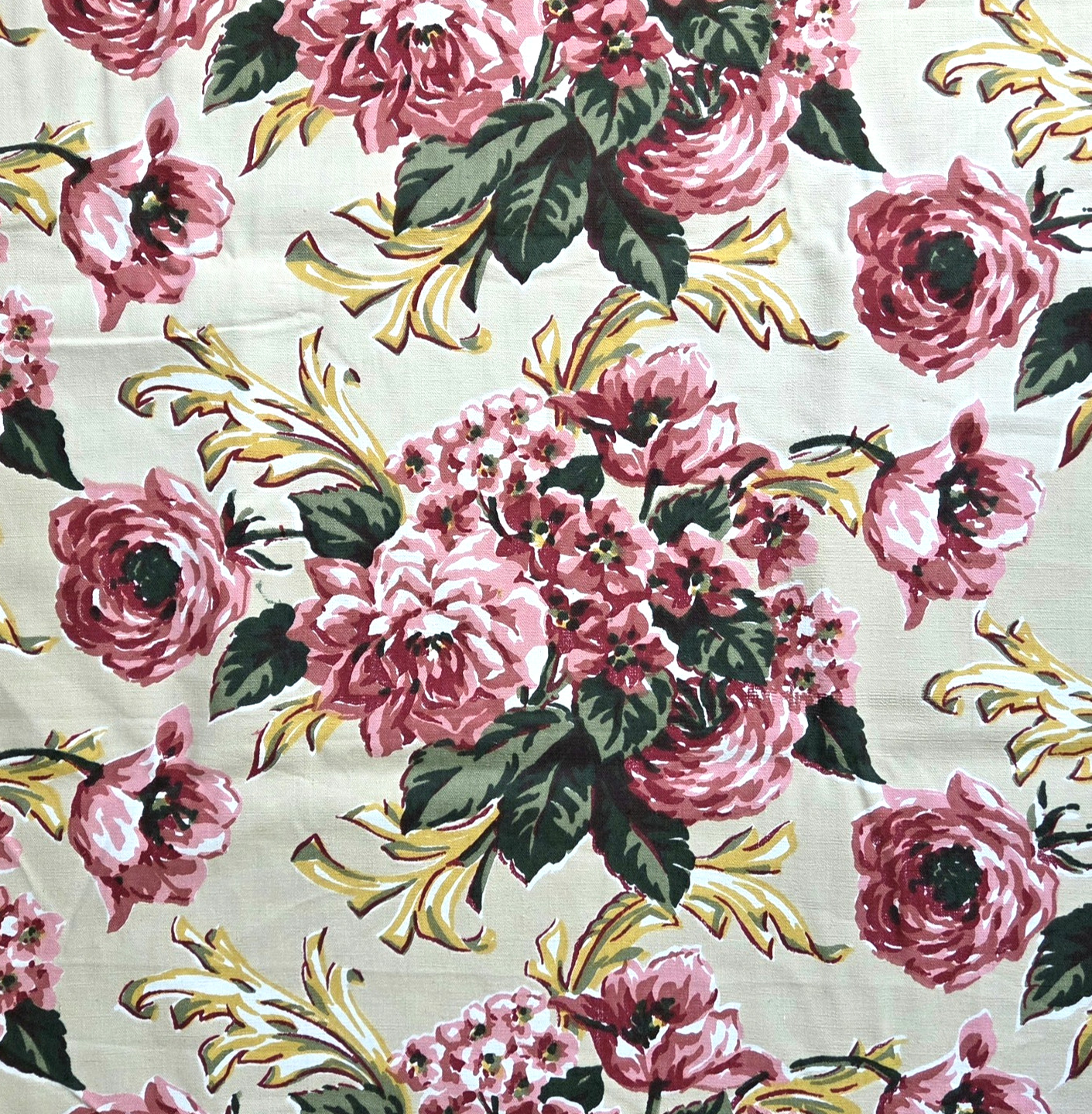 VTG 1940s Pink Cabbage Roses Tulips Scrolls On Ivory Barkcloth Era Fabric BTY