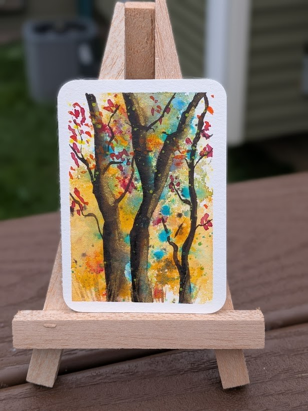 ACEO watercolor original fall tree sunset trio colorful autumn trees ACEO watercolor original fall tree sunset trio colorful autumn trees