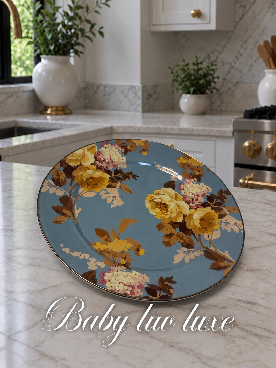Mackenzie-Childs Wild Rose Slate Charger Plates Set of 4 Floral Brand New in Box