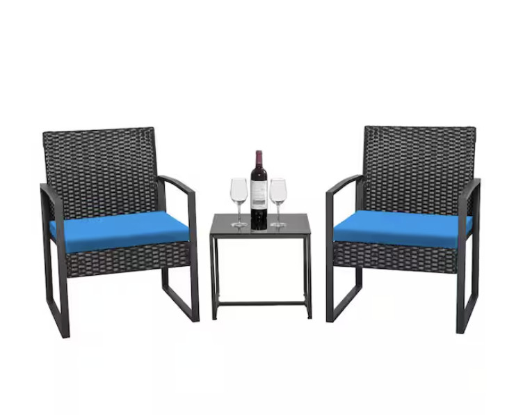 TOZEY 3-PIECE PATIO SETS STEEL OUTDOOR WICKER PATIO FURNITURE SETS - BLACK/BLUE