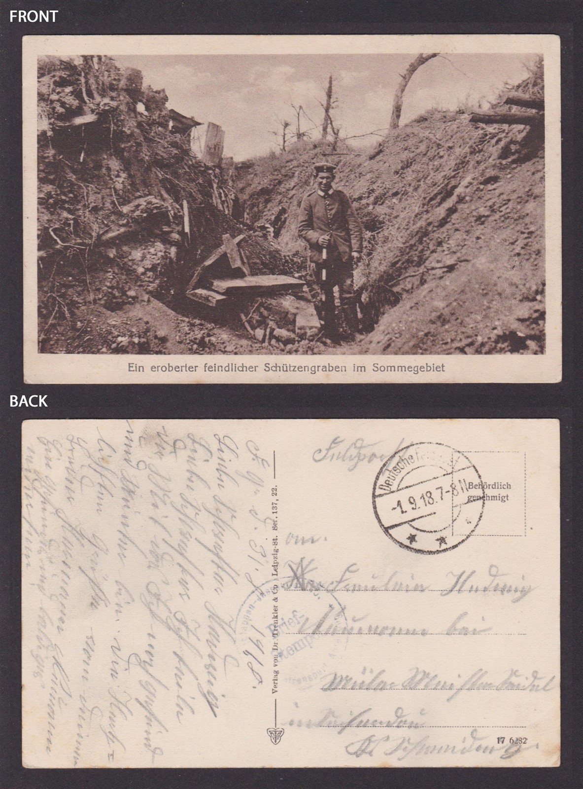 GERMANY 1918, Fieldpost card, A captured enemy trench in the Somme, WWI