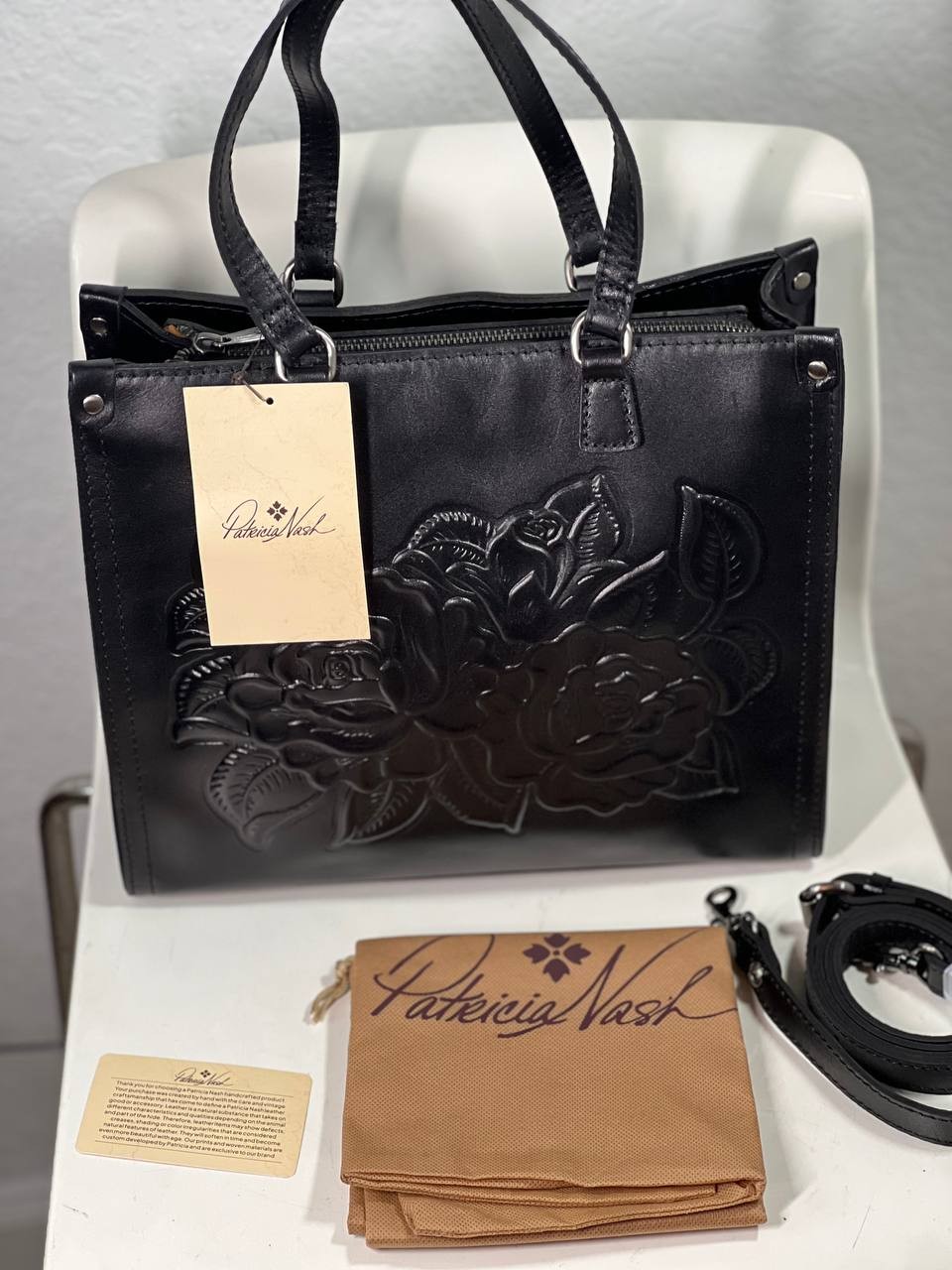 Patricia Nash Ava Rose Tooled Black Leather Medium Tote Bag Women\'s NWT