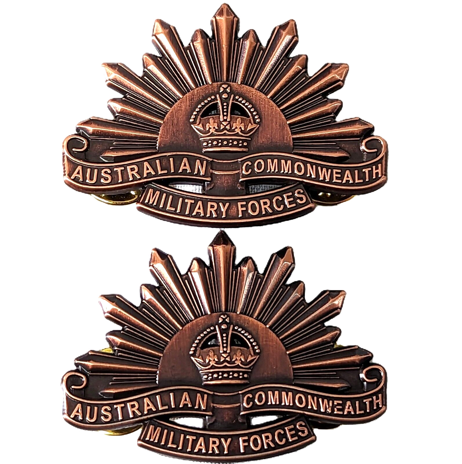WW1 - WW2 Australian Army rising brown sun collar badges replica AIF ANZAC type
