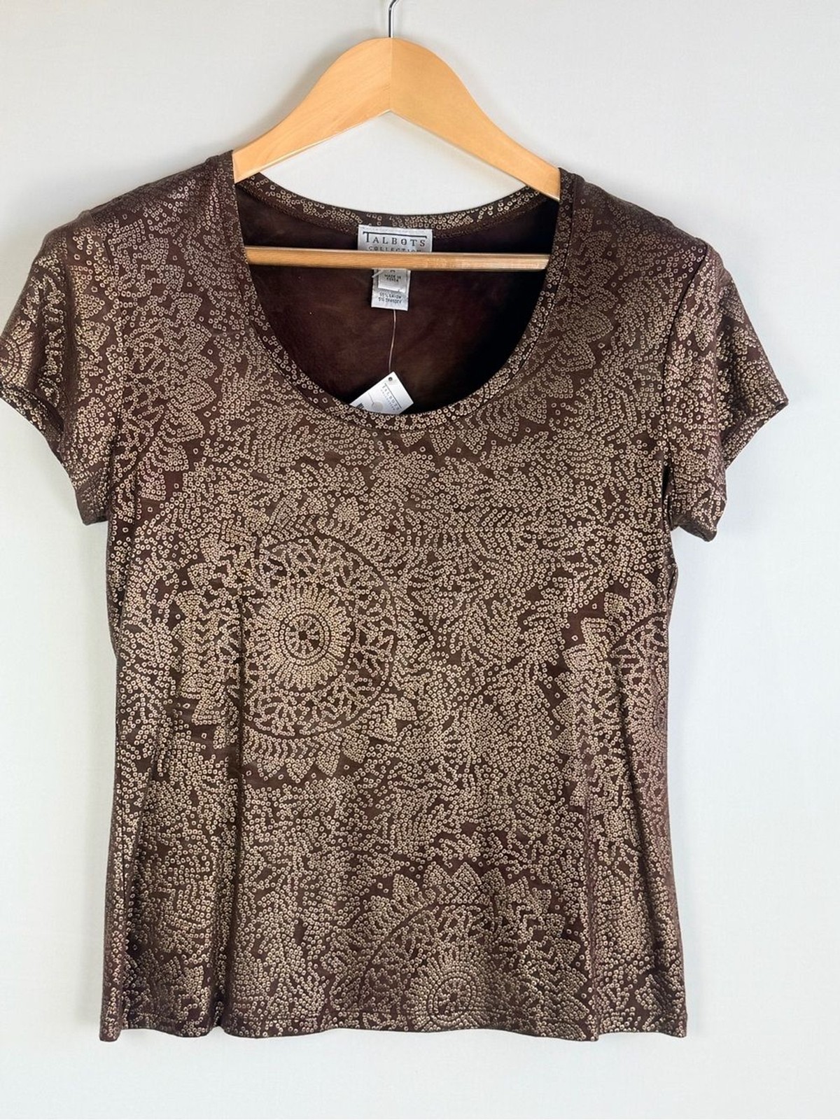 Talbots Collection Top Medium Brown Gold Metallic Floral Print NWT