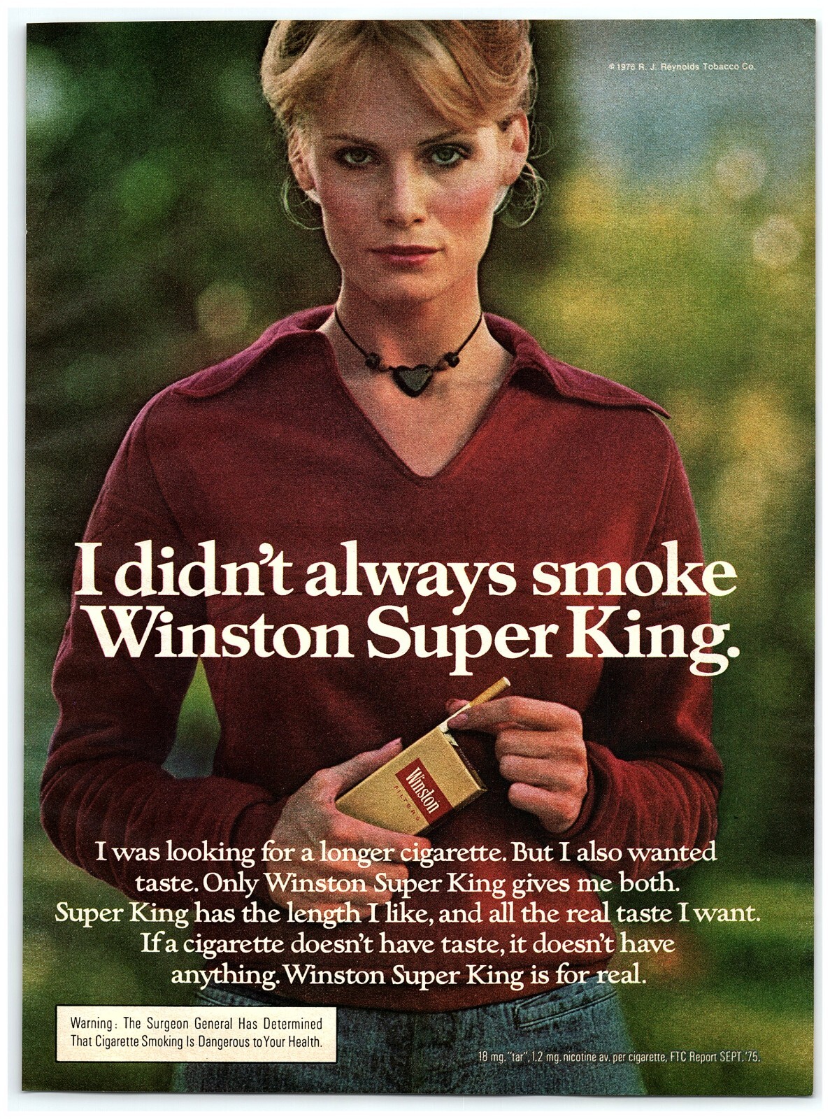 1976 Winston Super King Print Ad, Beautiful Serious Stare Blond Woman Smoker