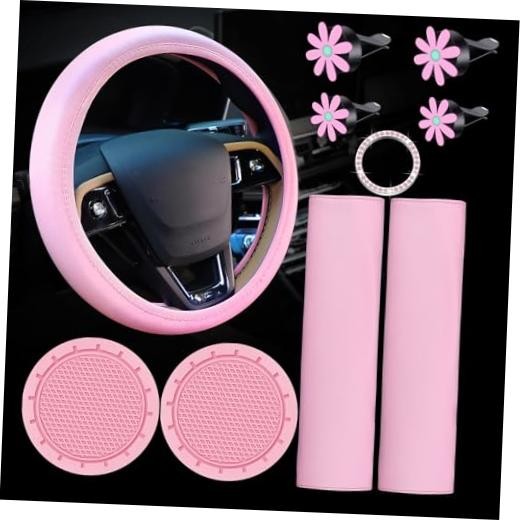 10 Pcs Steering Wheel Cover Set for Women 14.5-15 Inch, Pink
