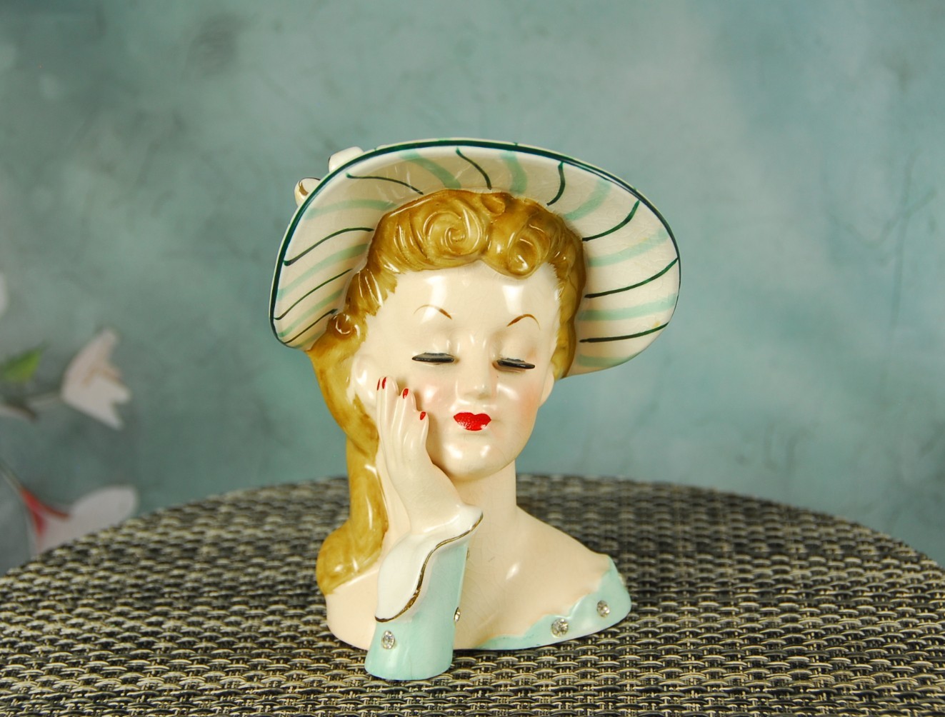 Vintage Lady Head Vase Napco 1956 Japan #C1778A Blue Dress Stripped Hat With Bow